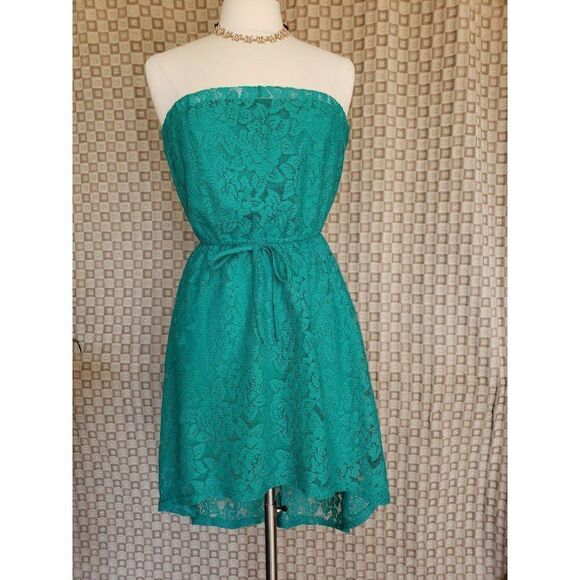 Women's Strapless Dress Lace Hollow Out Sexy High Low Mini Teal Dress Medium NWO - Picture 2 of 9